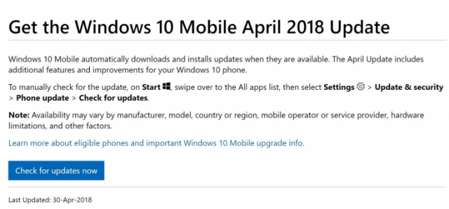 Windows 10 Mobile также получит обновление April 2018 Update